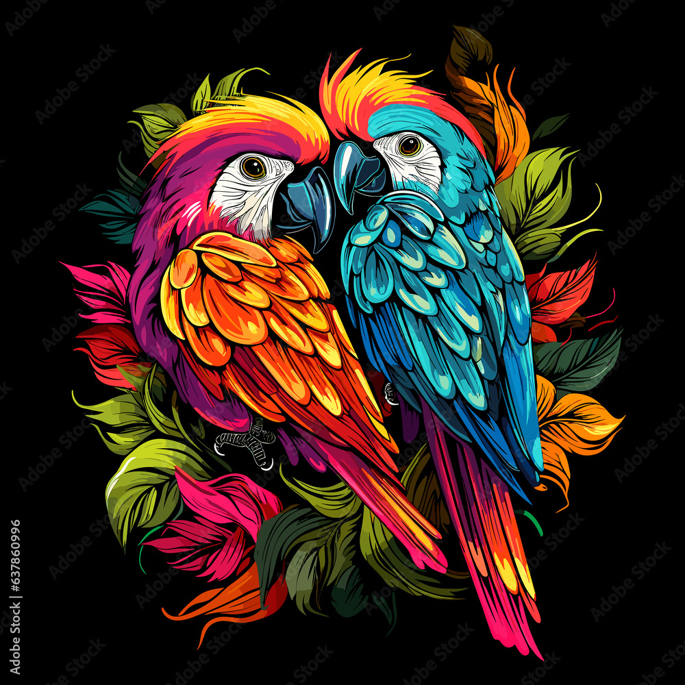 Obraz premium Parrots among flowers in colourful pop art style.