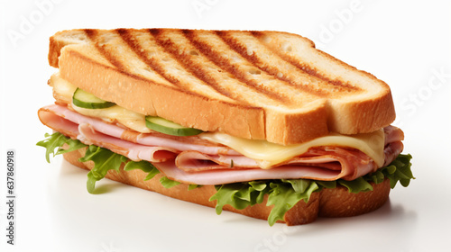 Toasted sandwich with ham cheese and vegetables isolated on white background