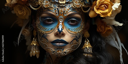 AI Generated. AI Generative. Sugar skull woman girl make up day of the dead Día de los Muertos holiday dark night Halloween look. Can be used for carnaval promotion poster 