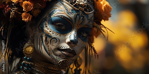 AI Generated. AI Generative. Sugar skull woman girl make up day of the dead Día de los Muertos holiday dark night Halloween look. Can be used for carnaval promotion poster 