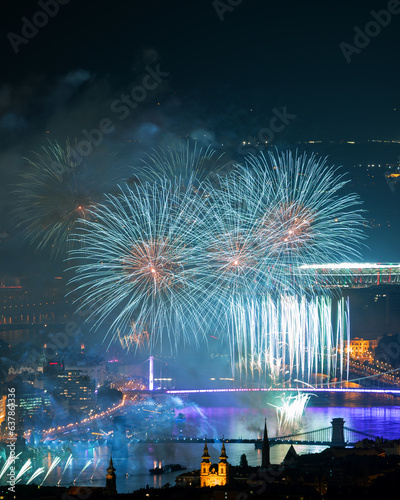 Fireworks display in Budapest 08.20.2023. Saint Stephen king memorial day, New bread's celebration day and celebration of the founding of the Hungarian state