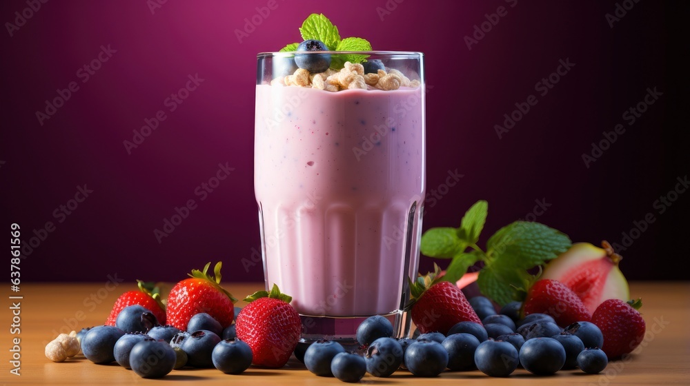 Blueberry Smoothie Bliss featuring creamy blend mixed berries,strawberries, raspberries, surrounded by blueberries, bananas, almond milk, yoghurt, mint leaves light studio, free copy space for text Blueberry Smoothie Bliss featuring creamy blend mixed berries,strawberries, raspberries, surrounded by blueberries, bananas, almond milk, yoghurt, mint leaves light studio, free copy space for text