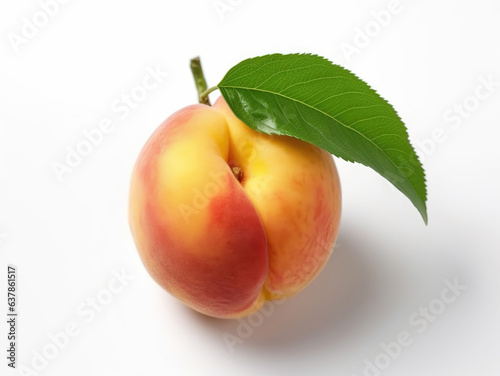 Peach with green leaves isolated on white background