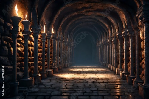 Scary endless medieval catacombs with torches. Mystical nightmare concept. 3D Rendering. 3d render