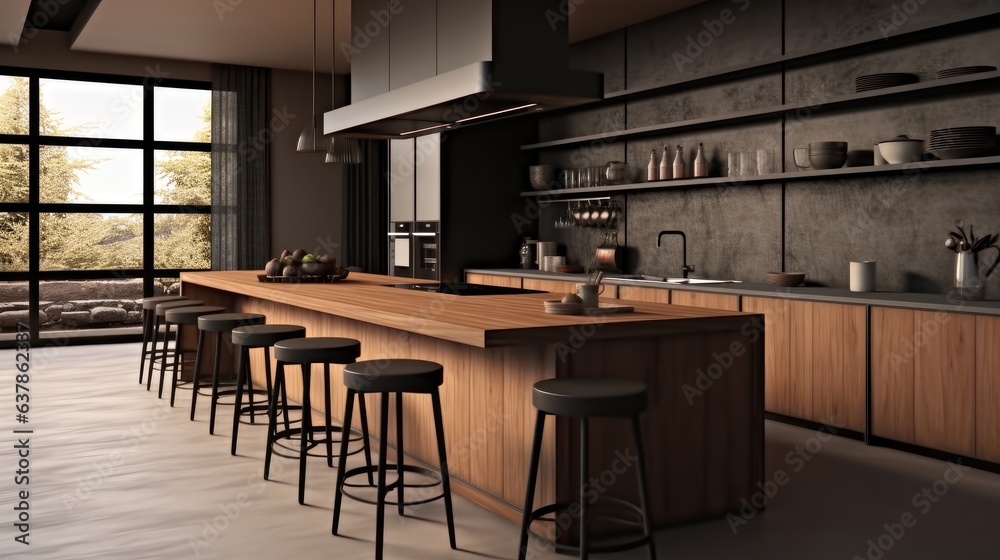 Cozy kitchen interior with bar, Creative composition of dining room interior.