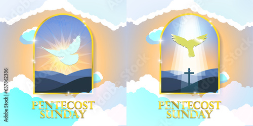 Pentecost Sunday Greeting Concept Symbol. Celebrated on fifty days after Easter. Whitsunday. Dove in heaven, golden frame. Holy spirit ascending. Vector Illustration. EPS 10. Editable.
