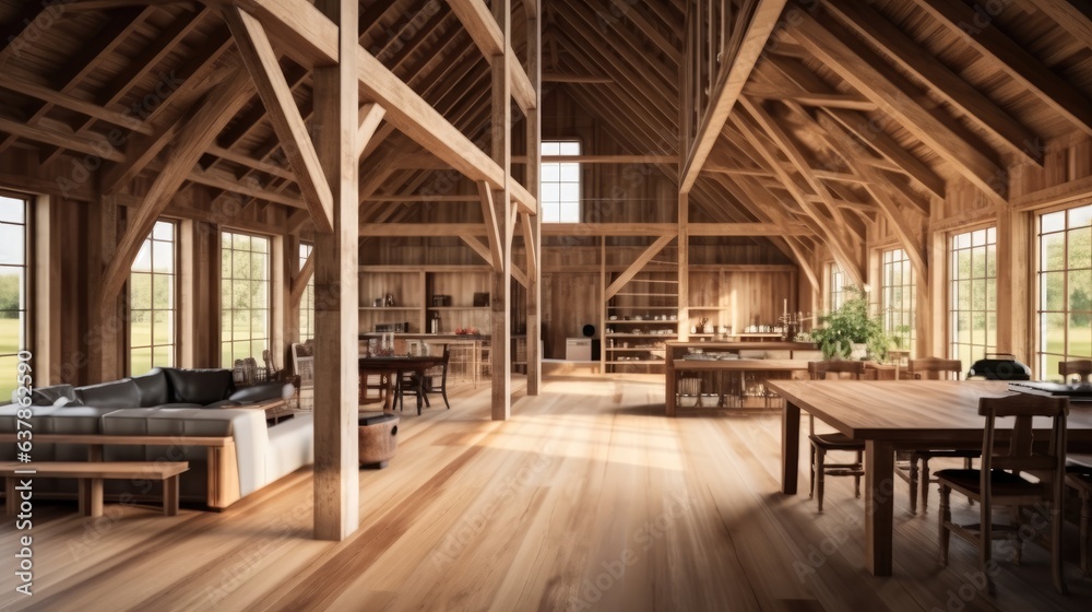 Interior design of a barn, Wooden structure, Home decor.