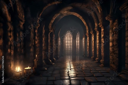 Scary endless medieval catacombs with torches. Mystical nightmare concept. 3D Rendering. 3d render © Ahtesham