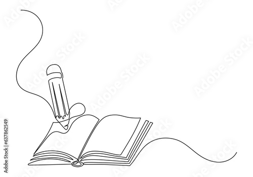 Pencil drawing or writing in copybook, or notebook. Open book. Continuous line drawing. Education concept.