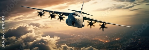 Huge logistic cargo military plane used for strategic bombing during a special operation at airforce support at war zone. photo