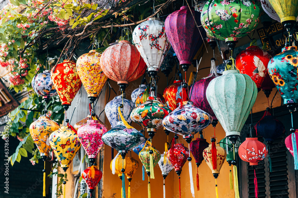 hanging lanters in hoi an street, vietnam