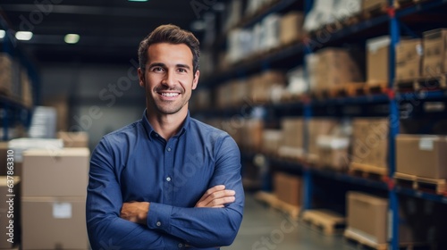 Smiling portrait of a male supervisor standing in warehouse with his arm crossed looking at camera photo