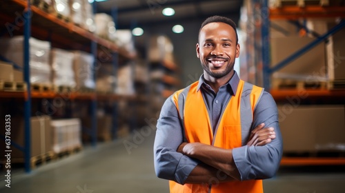 Smiling portrait of a male supervisor standing in warehouse with his arm crossed looking at camera © Emil