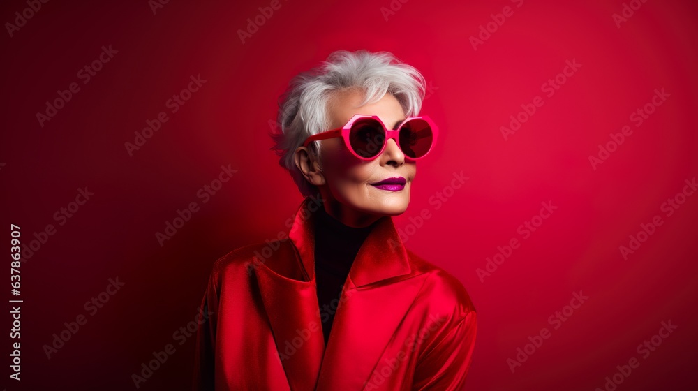 White hair old woman wear red sunglass on red leather jacket & black tshirt with an red gradient background. White hair old woman wear red sunglass on red leather jacket & black tshirt with an red gradient background.