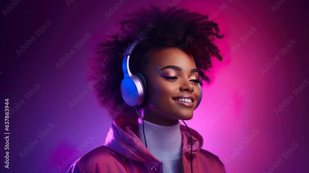 Portrait of stylish American African girl wearing headphones and listening music with an purple & pink gradient background. Portrait of stylish American African girl wearing headphones and listening music with an purple & pink gradient background.