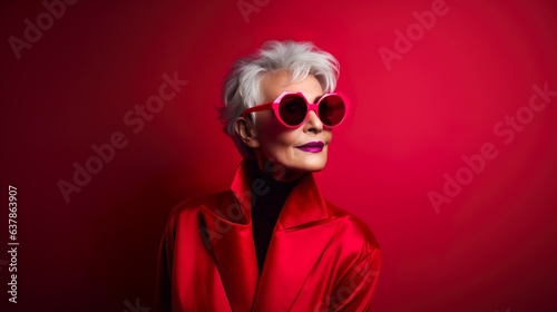 White hair old woman wear red sunglass on red leather jacket & black tshirt with an red gradient background.