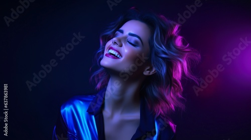Half portrait stylish Mexican women model dancing on a blue & purple gradient background.