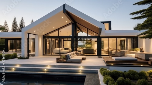 luxurious modern house exterior with open space seating area in natural style. © visoot