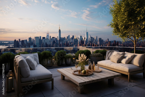 Rooftop Patio in Manhattan, New York City at Sunset