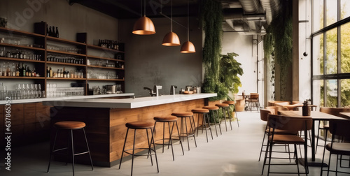 Modern cafe with bar and chairs with concrete walls and light from windows. photo