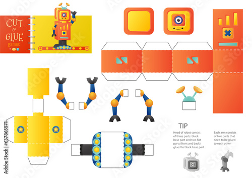 Cut and glue robot toy vector illustration, worksheet. Paper craft and small pieces model