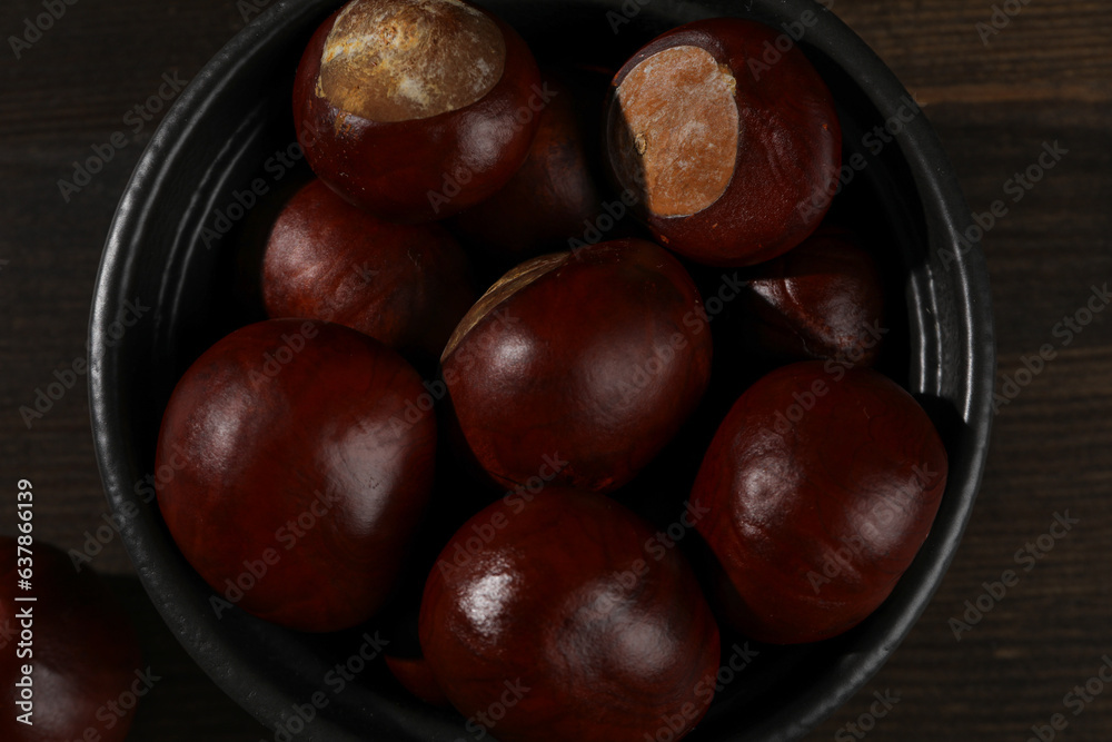 Obraz premium Brown chestnut fruits in a black bowl on a dark background