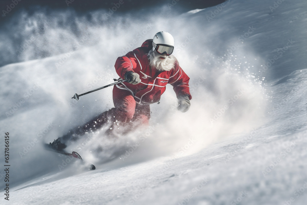 mountain sport winter christmas skier ski snowboarder holiday snow santa. Generative AI.