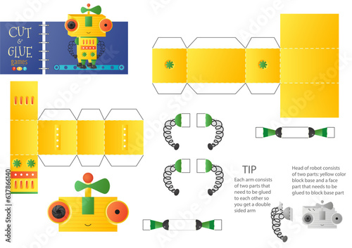 Cut and glue robot toy vector illustration, worksheet. Paper craft and diy model