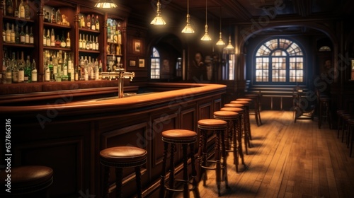 Traditional bar or pub interior with wooden paneling and countertops.