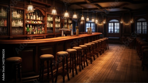 Traditional bar or pub interior with wooden paneling and countertops. © visoot