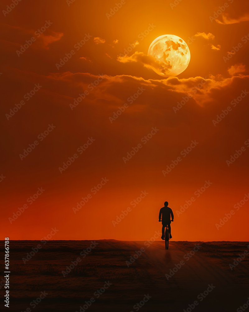 Obraz premium Man rides a bicycle in the moonlight, monochrome, freedom retro style concept