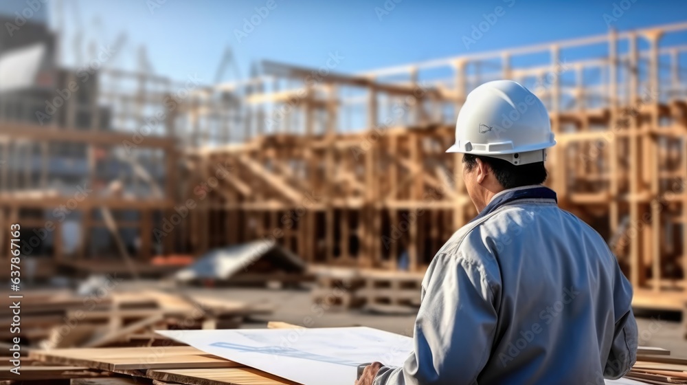 Rear view. Engineer working at construction site. Rear view. Engineer working at construction site.