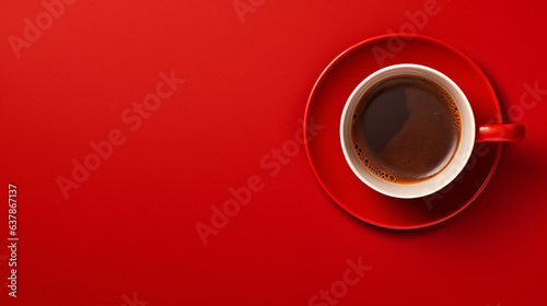 Top view of coffee cup on red saucer red coffee cup