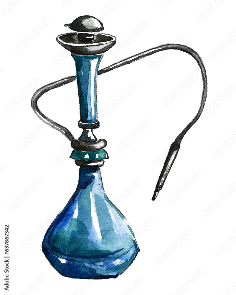 Logo for a hookah bar. Hookah in ultramarine color and a long pipe with a mouthpiece. Watercolor image by hand on a white background Logo for a hookah bar. Hookah in ultramarine color and a long pipe with a mouthpiece. Watercolor image by hand on a white background