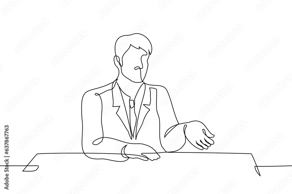 man in a suit sits at a table with outstretched hand - one line art vector. the concept of a startup looking for investment, an official requires a bribe