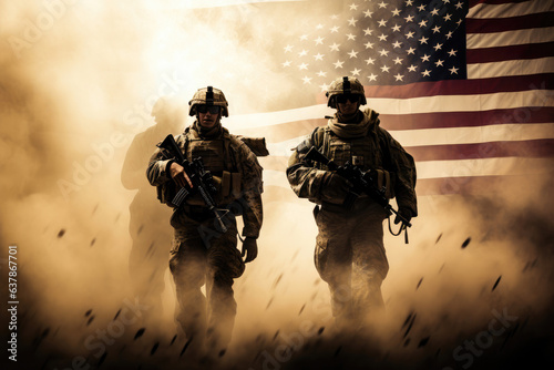 Fotografiet US soldiers in combat with USA flag on backgound