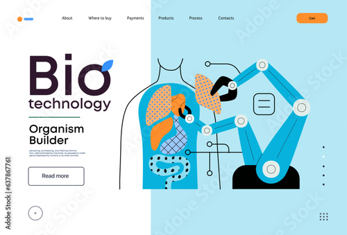 Bio Technology, Organism Builder -modern flat vector concept illustration of robot assembling organism using blocks, parts representing organ systems. Metaphor of regenerative medicine and 3D printing