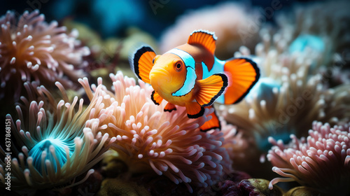 Clownfish swimming among anemones. Generative AI