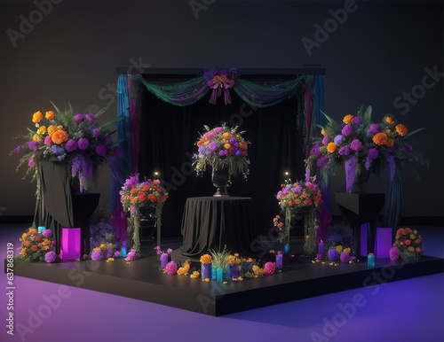 Dia de Muertos Podium Stage 3D Colorful Empty with Flowers, Dark Theme