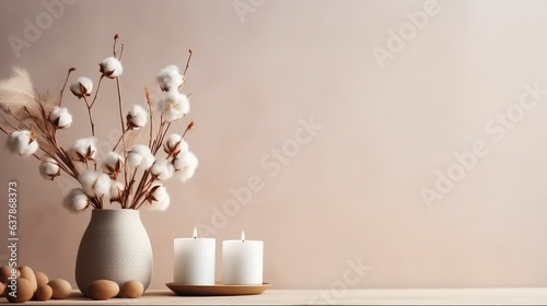 Stylish table with cotton flowers and aroma candles near light wall, Home decor, Banner for design.