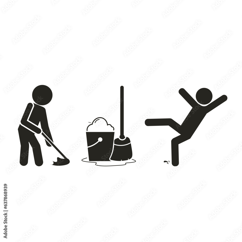 Bundle set illustration black pictogram icon moping floor with bucket