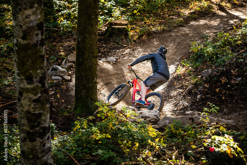 Mountainbiker in enger Waldabfahrt
 photo