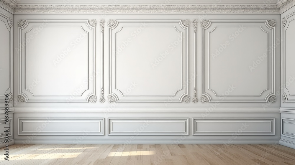 White wall with classic style mouldings and wooden floor. - obrazy, fototapety, plakaty 