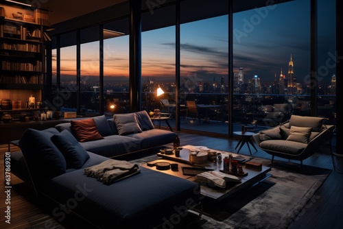 Modern apartment at sunset, in the style of dark indigo and bronze. Generative AI © bluebeat76