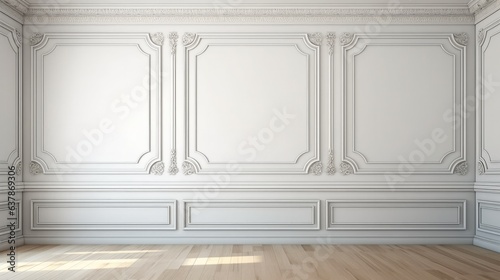 Fotografia White wall with classic style mouldings and wooden floor.