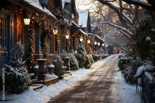 City winter snowy street decorated with luminous garlands and lanterns for christmas, urban preparations for new year