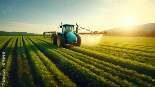 Modern Agricultural Techniques: Tractor Spraying Pesticides on Soybean Field