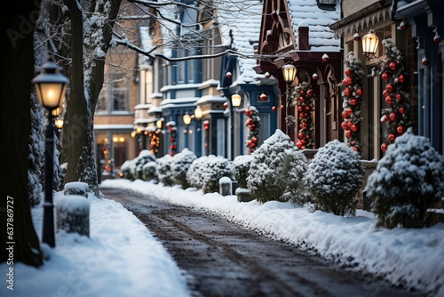 City winter snowy street decorated with luminous garlands and lanterns for christmas, urban preparations for new year