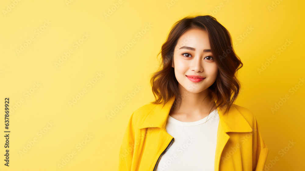Contemplative Expression: Japanese Model on Yellow Background Contemplative Expression: Japanese Model on Yellow Background