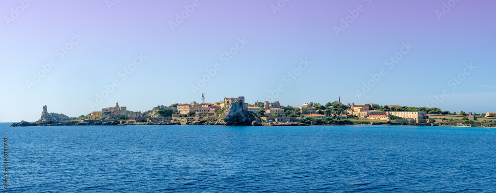Italy Archipelago Toscano Livorno, visit to the island of Pianosa, arrival from the sea on the island panoramic view of the coast profile